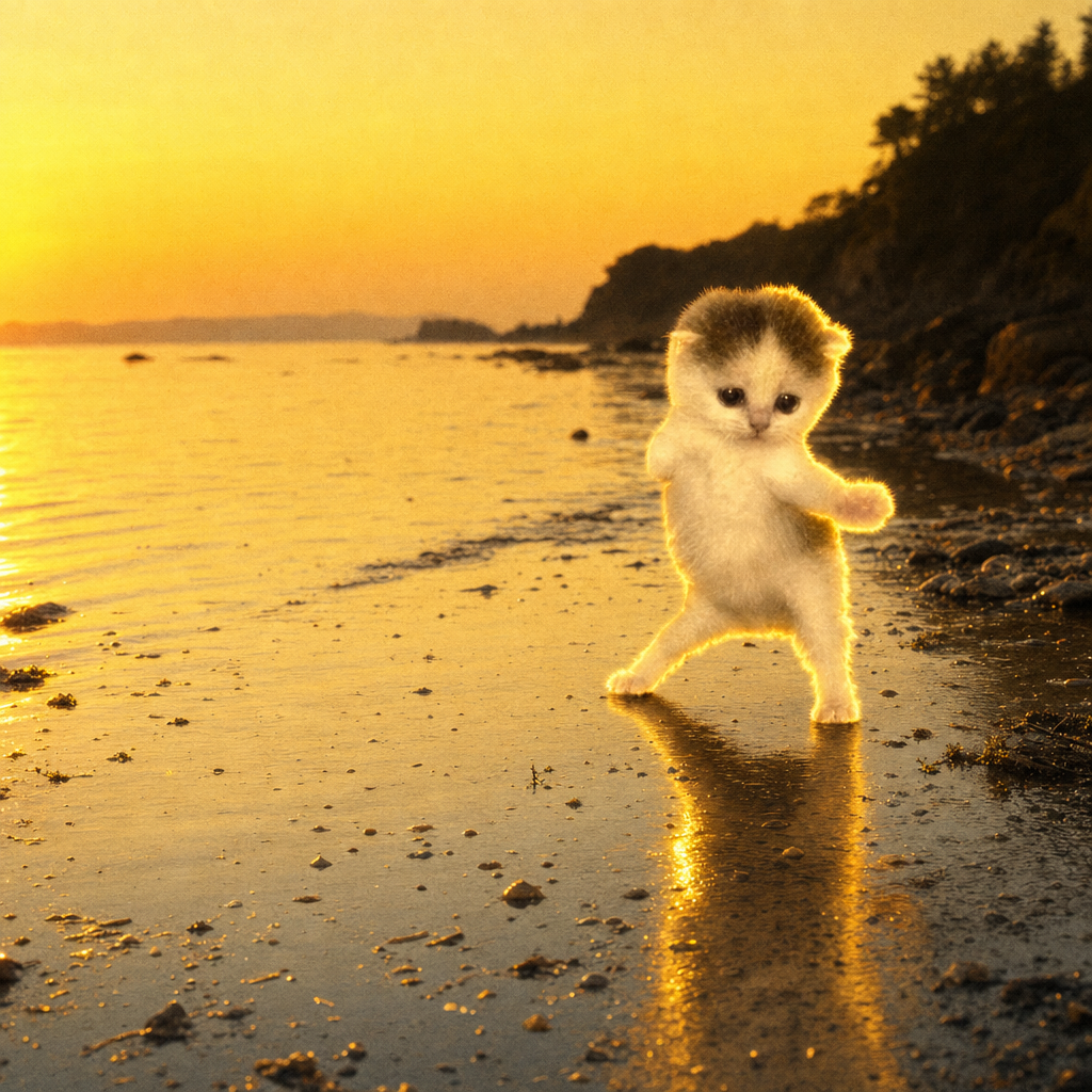 Dance cat dancing on wet sand at sunset, its reflection in the shallow water